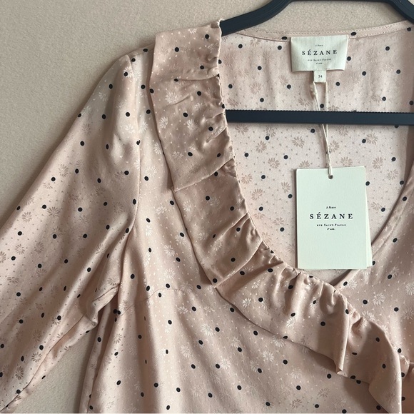 Sezane NEW Quitterie Silk 3/4 Sleeves Blouse in Nude Black Polka Dots in 33/2US - Picture 3 of 16